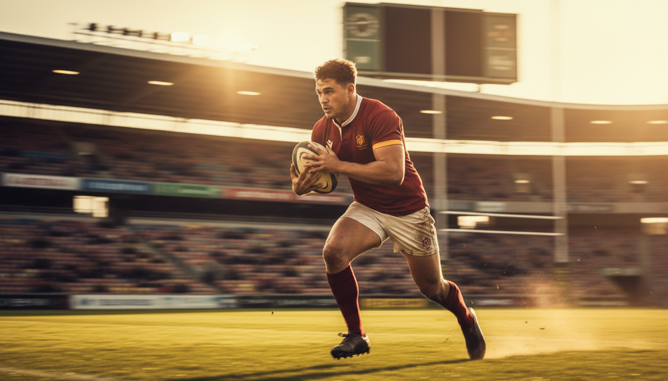 Rugby player running with the ball in a floodlit stadium