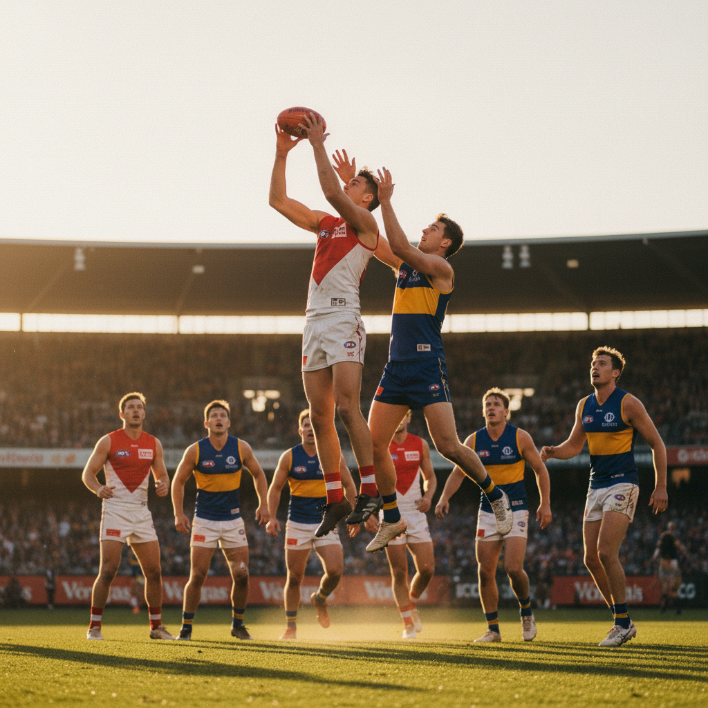 AFL players contesting a mark in front of a packed stadium
