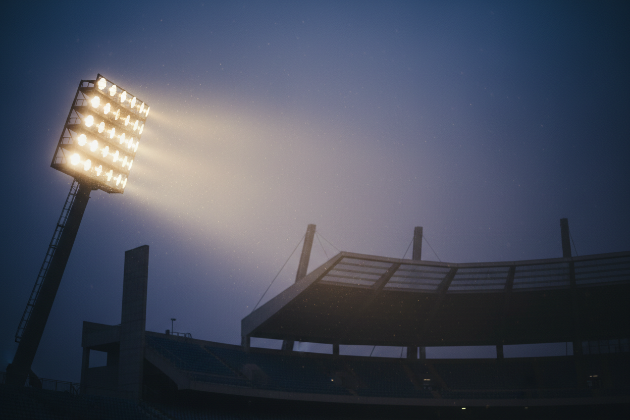 Stadium floodlights glowing at dusk