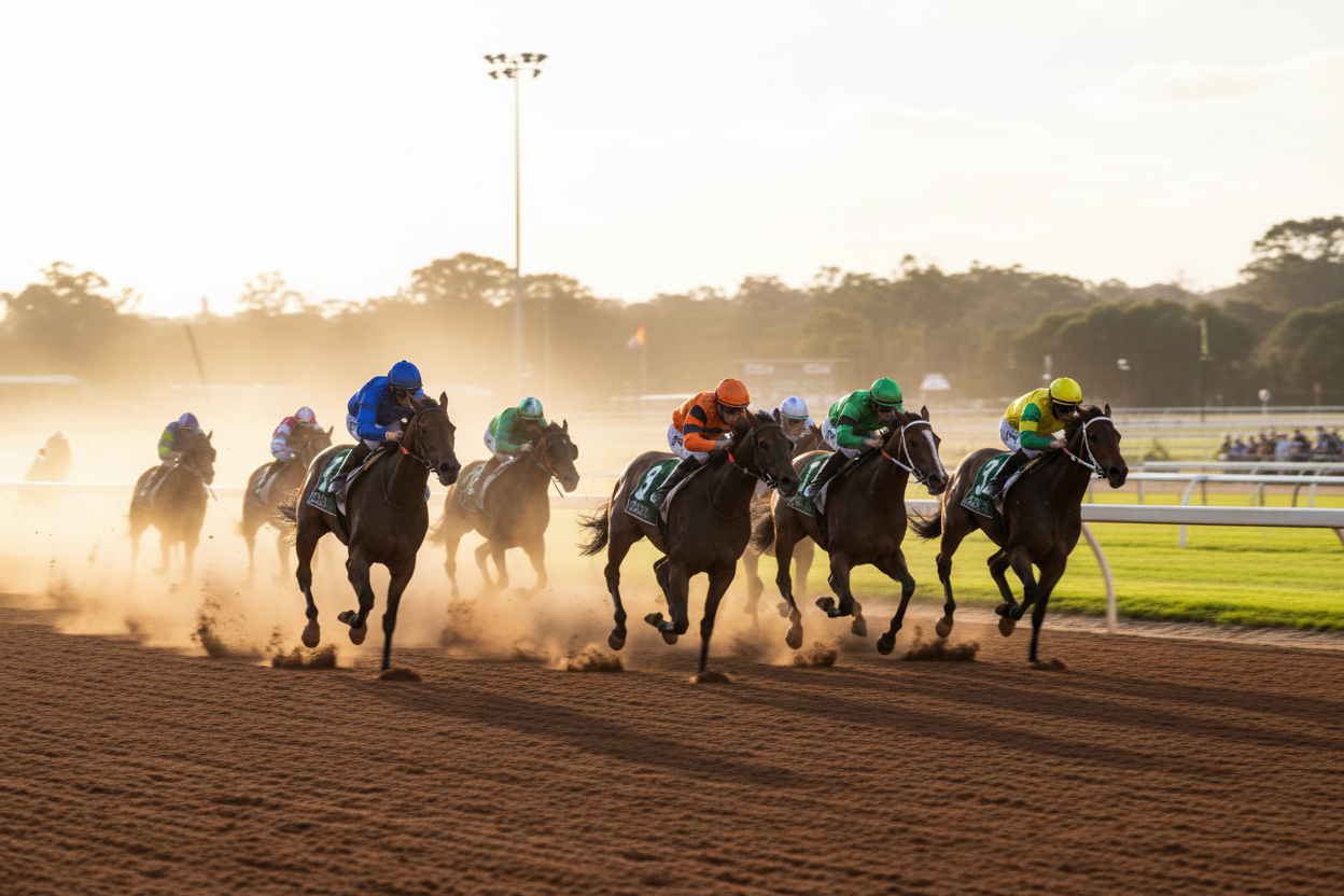 Horses racing down the straight at sunset